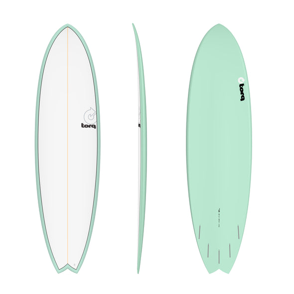 Torq TET Fish 7ft 2 Fish Surfboard White with Seagreen Pinline - Boards360